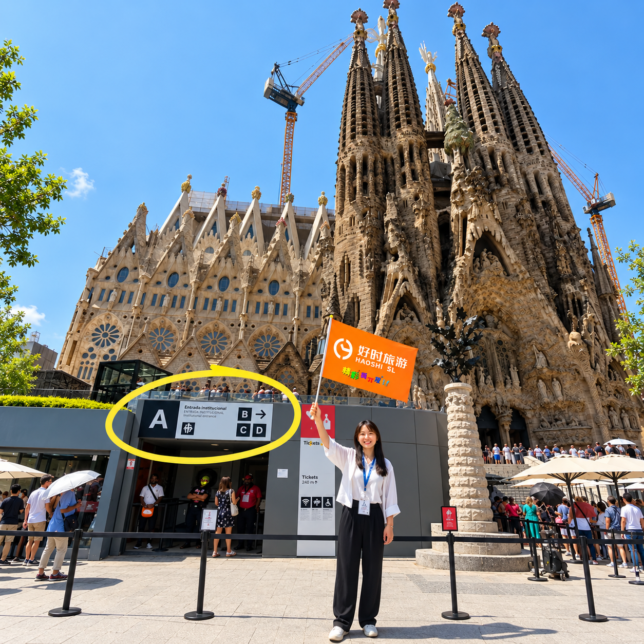 IBERIA CAIXCAR Chinese-speaking guide holding an orange flag at the Sagrada Familia meeting point