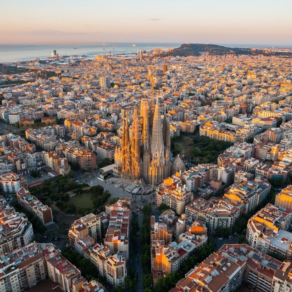 Aerial view of the Sagrada Familia and Barcelona cityscape