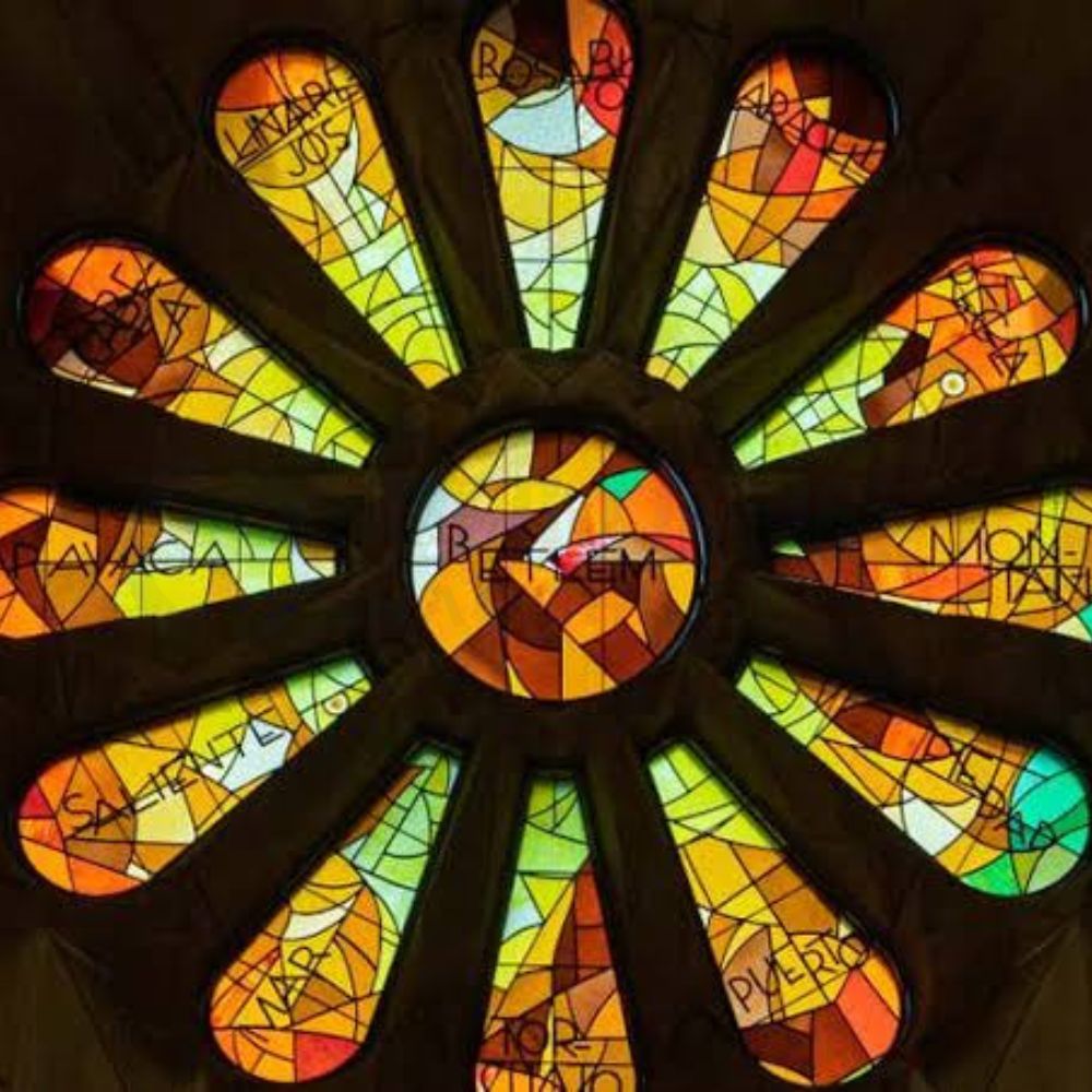 Colorful stained glass window inside the Sagrada Familia in Barcelona