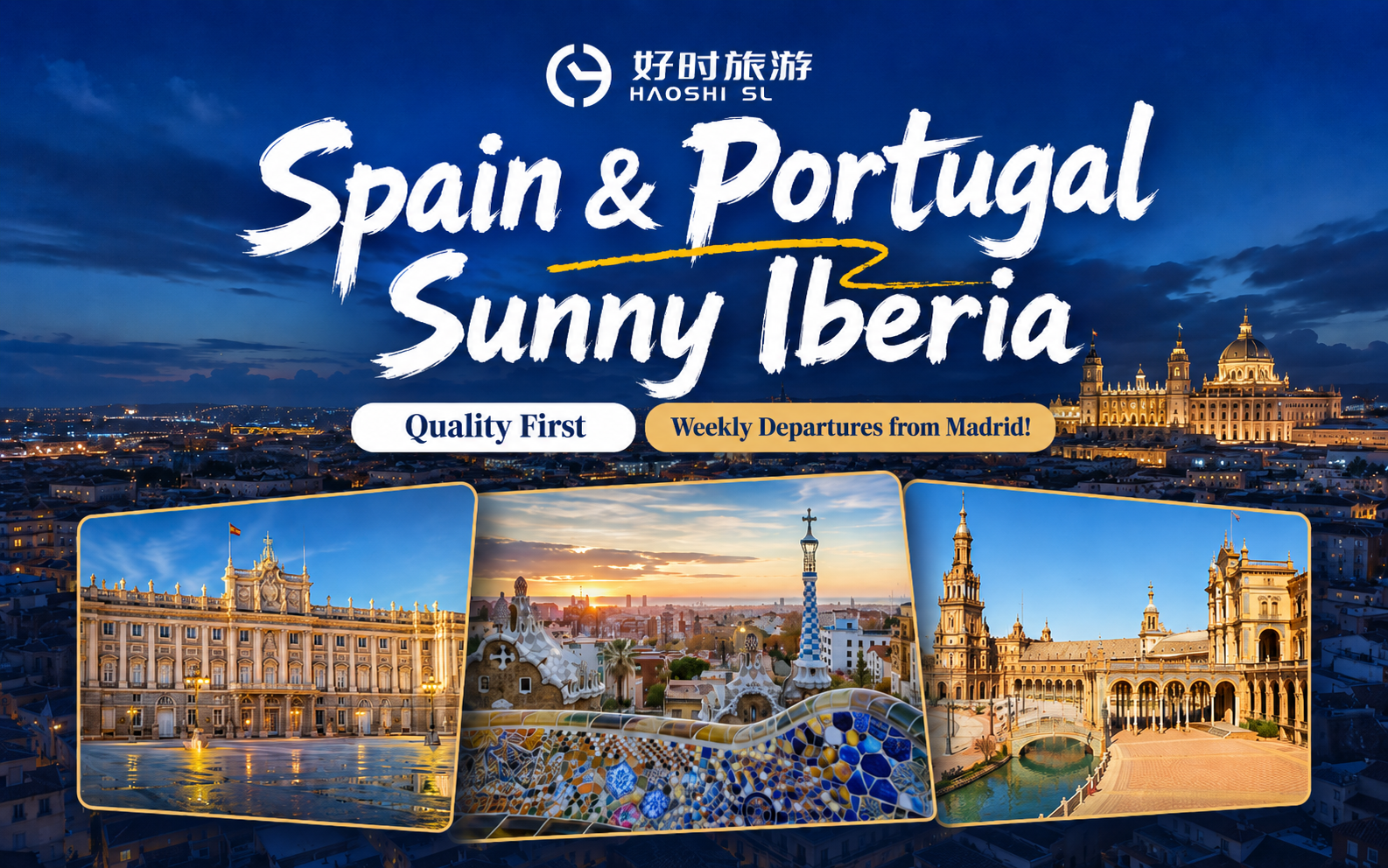 Spain and Portugal tour banner featuring iconic Iberian destinations including Madrid, Barcelona and Seville.