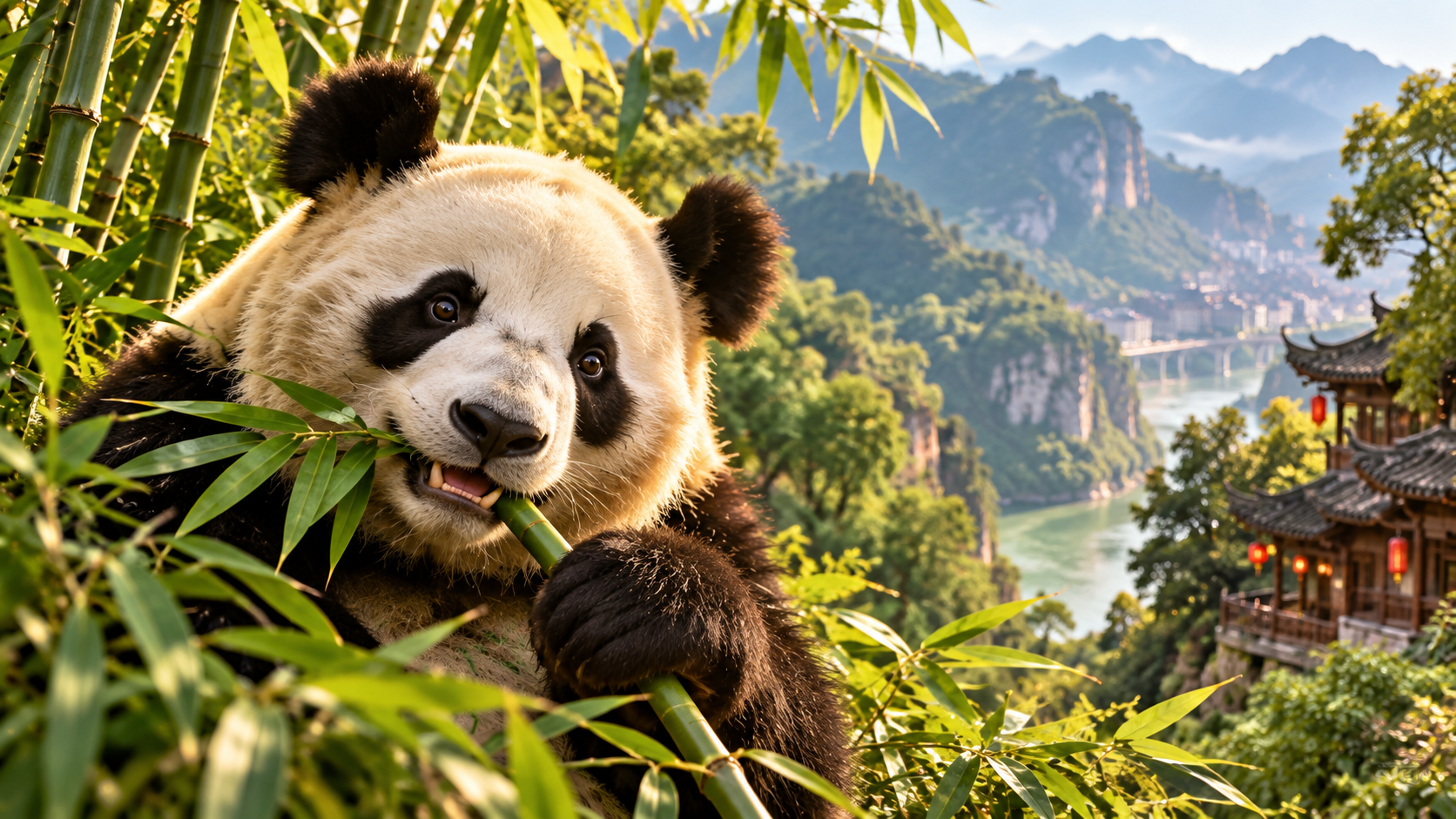 Giant panda in a bamboo grove with Sichuan mountain scenery and a traditional waterside town in the background.