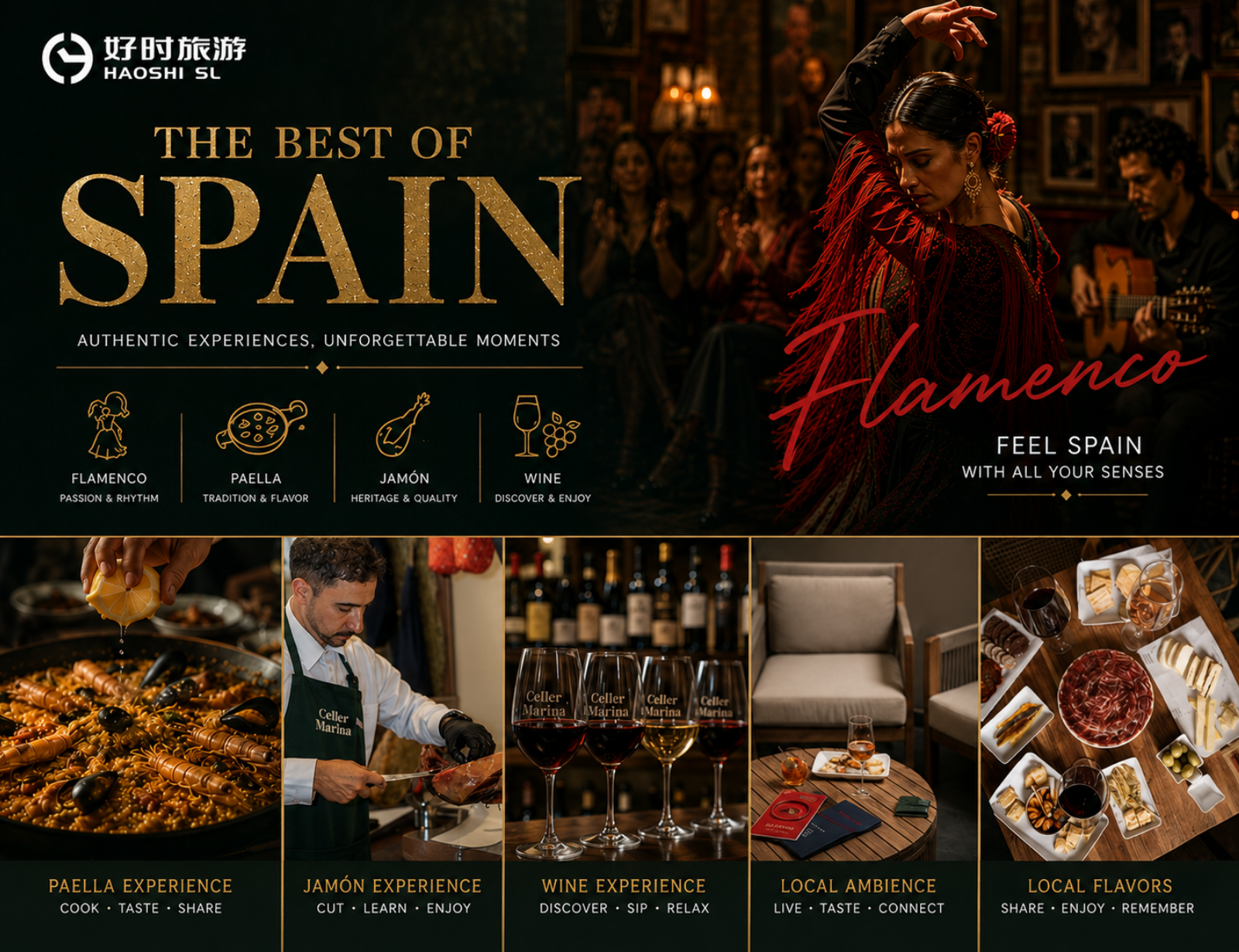 Authentic Spain local experiences with flamenco, paella cooking, jamón tasting, wine tasting, seafood dining and local market visits by IBERIA CAIXCAR S.L..