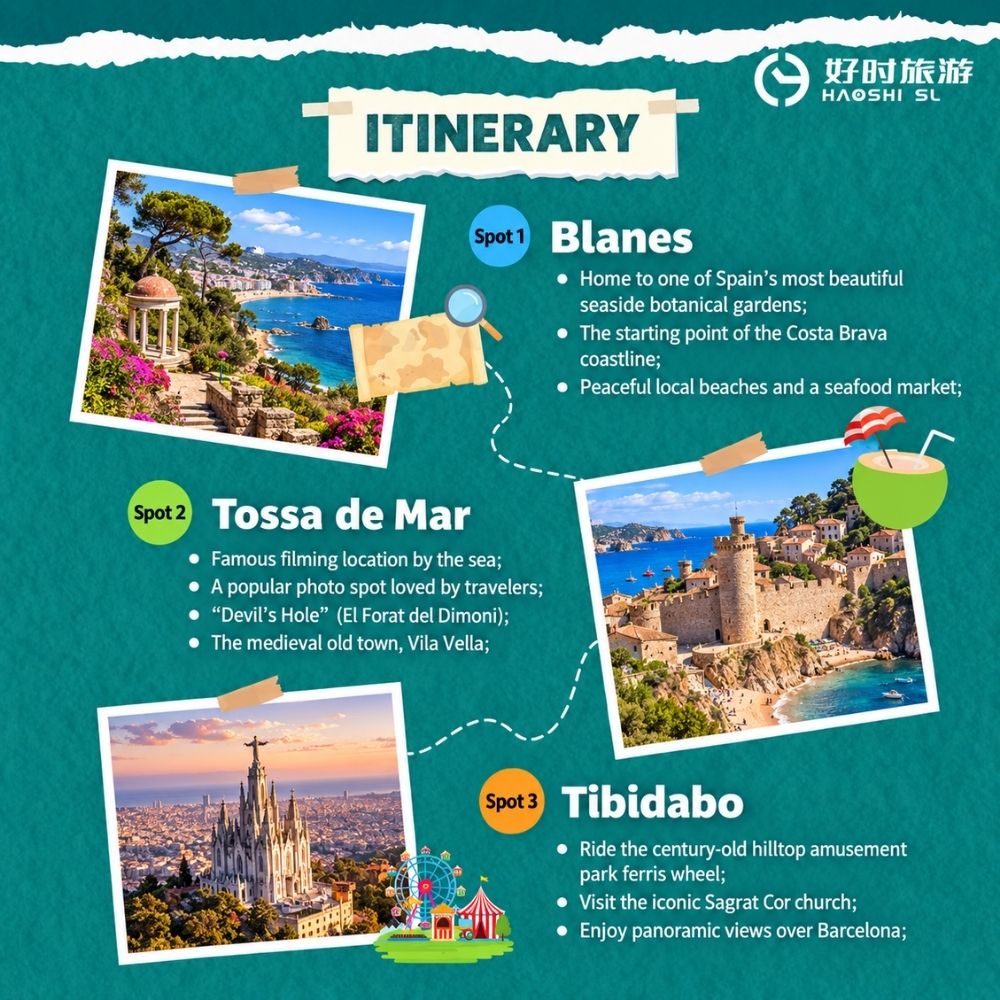Barcelona day trip itinerary covering Blanes, Tossa de Mar and Tibidabo