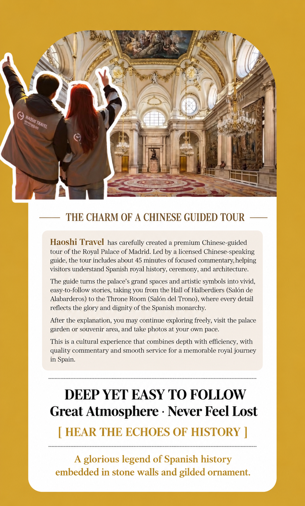 Chinese guided tour experience inside the Royal Palace of Madrid