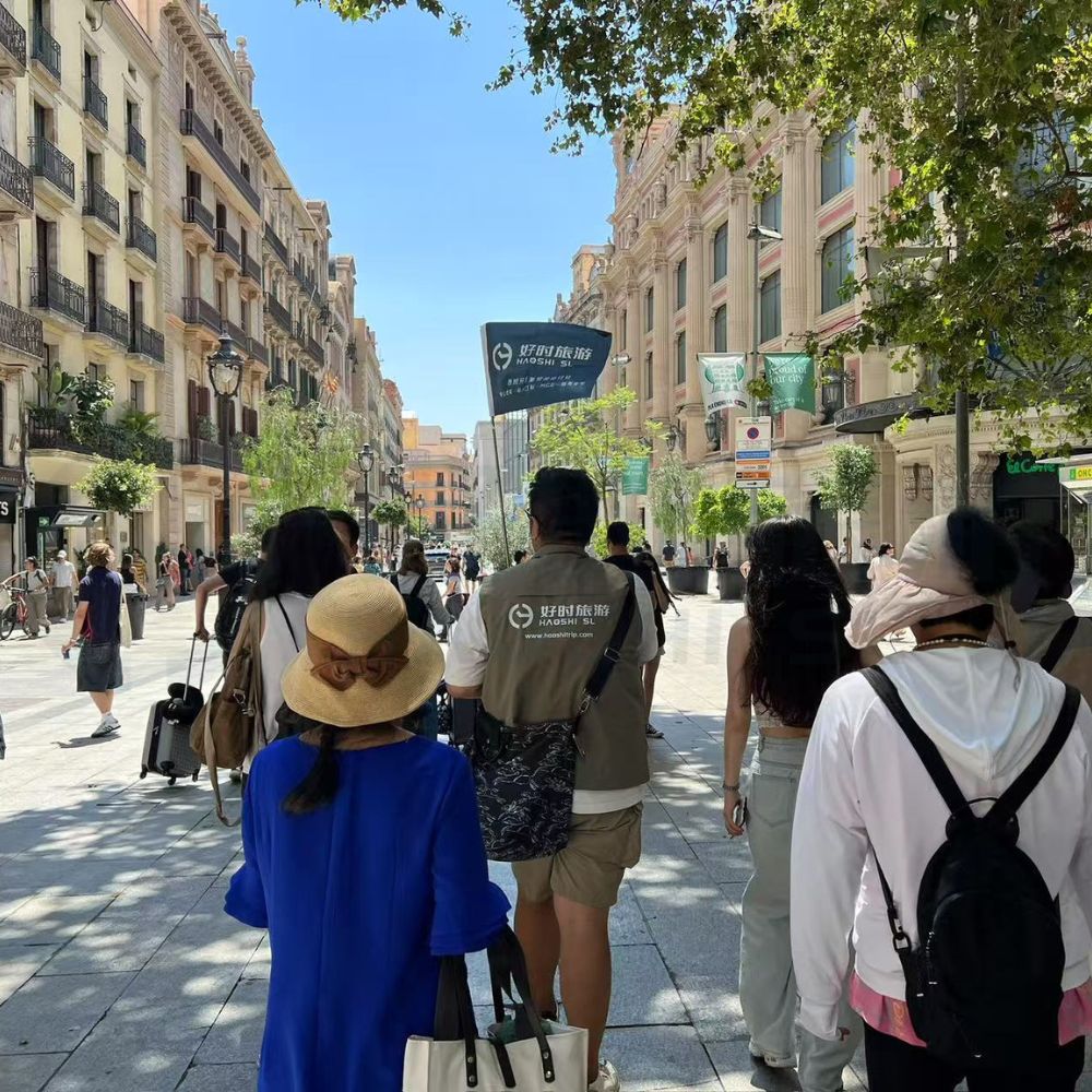 Guests following a Chinese-speaking guide on a walking tour in Barcelona Gothic Quarter