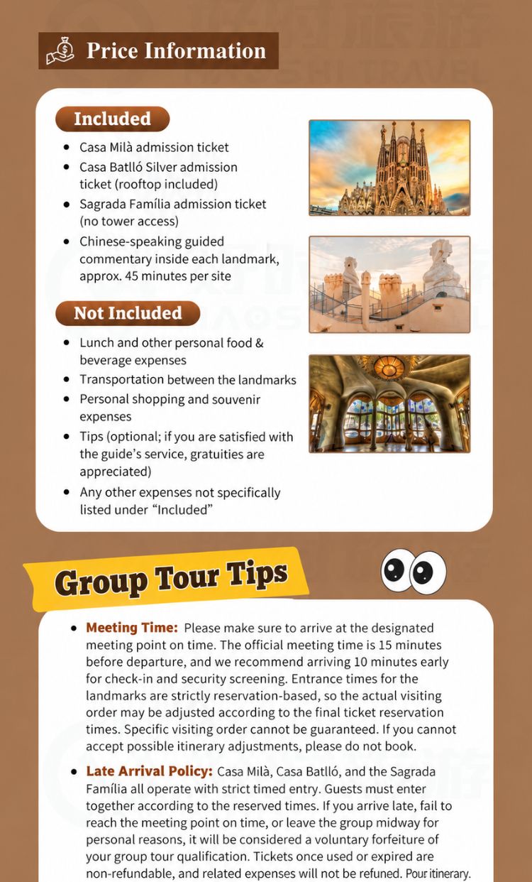 Important booking and participation information for the Gaudí guided tour in Barcelona