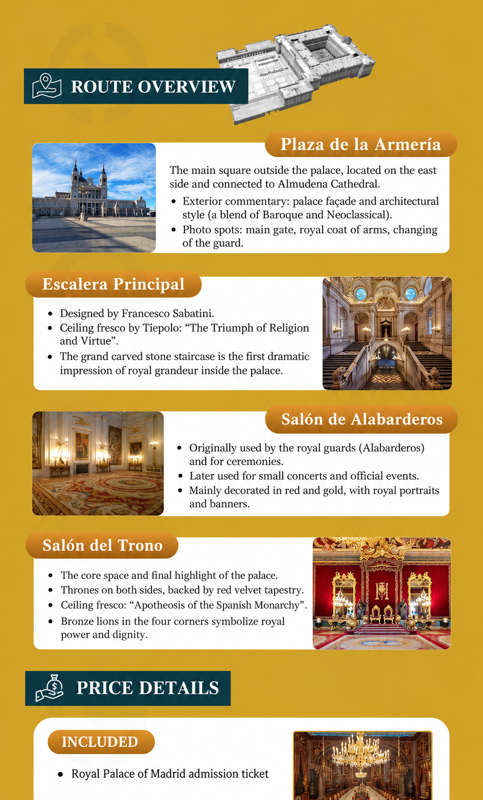 Royal Palace of Madrid guided tour route from Plaza de la Armería to the Throne Room