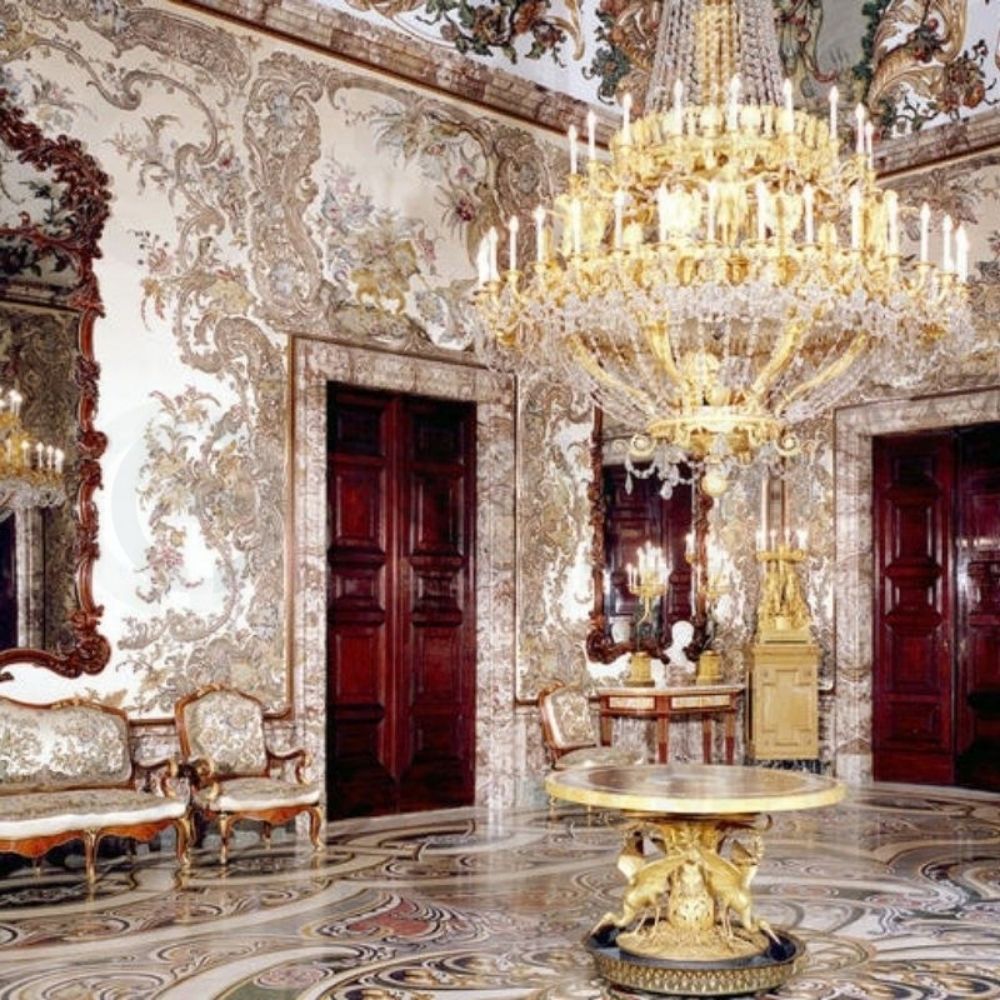 Historic royal chamber and luxurious interior inside the Royal Palace of Madrid